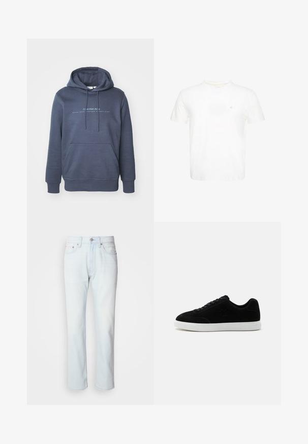 Navyblauwe katoenen hoodie met een voorke pocket, een capuchon met trekkoord en een grafische tekst "Calvin Klein Jeans" op de borst. Gladde textuur.; Witte T-shirt met korte mouwen en ronde hals met klein geborduurd "ck"-logo op de linkerborst.; Lichtblauwe denim jeans met een rechte pijp. Voorzien van een knoopsluiting en riemlussen, met een vervaagde textuur en minimale stiksels.; Zwarte lage sneaker met veterluiting aan de voorkant, subtiel "ck"-logo aan de zijkant en dikke witte rubberen zool op een effen lichte achtergrond.