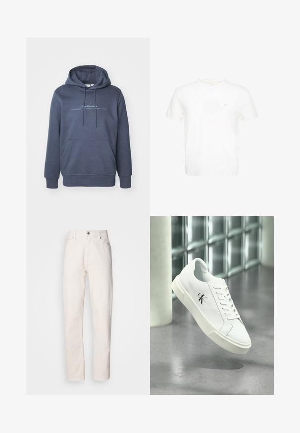 Námornícky modrý bavlnený mikina s prednou vreckom, kapucňou so šnúrkami a textovou grafikou "Calvin Klein Jeans" na hrudi. Hladká textúra.; Biele tričko s krátkym rukávom a okrúhlym výstrihom s malým vyšívaným logom "ck" na ľavej strane hrudníka.; Rovné biele džínsy z denimu s gombíkovým a zipsovým zapínaním, pútka na opasok a predné a zadné vrecká, zobrazené na jednoduchom pozadí.; Biela teniska Calvin Klein so šnúrkami, zobrazená vznášajúca sa nad leštenou betónovou podlahou a stenou z sklenených blokov.