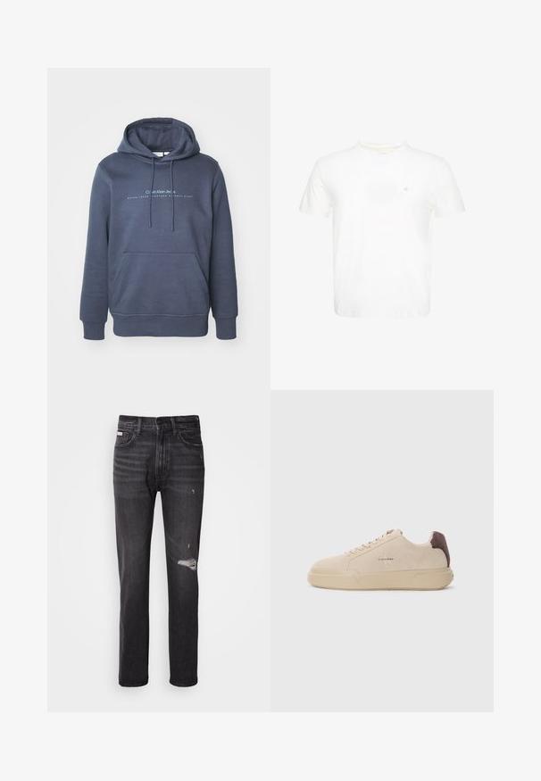 Dunkelblaue Baumwollkapuzenjacke mit einer vorderen Tasche, Kordelzugkapuze und "Calvin Klein Jeans" Schriftzug auf der Brust. Glatte Textur.; Weißes T-Shirt mit kurzen Ärmeln und Rundhalsausschnitt mit kleinem gesticktem "ck" Logo auf der linken Brust.; Schwarze Denim-Jeans mit gerade geschnittenem Bein, ausgefransten Details an den Knien, Fünf-Taschen-Stil und einem dezenten, ausgewaschenen Finish.; Beige Wildleder-Sneaker mit runder Spitze, Schnürung vorne und einem braunen Wildlederakzent an der Ferse. Verfügt über eine strukturierte Gummisohle.