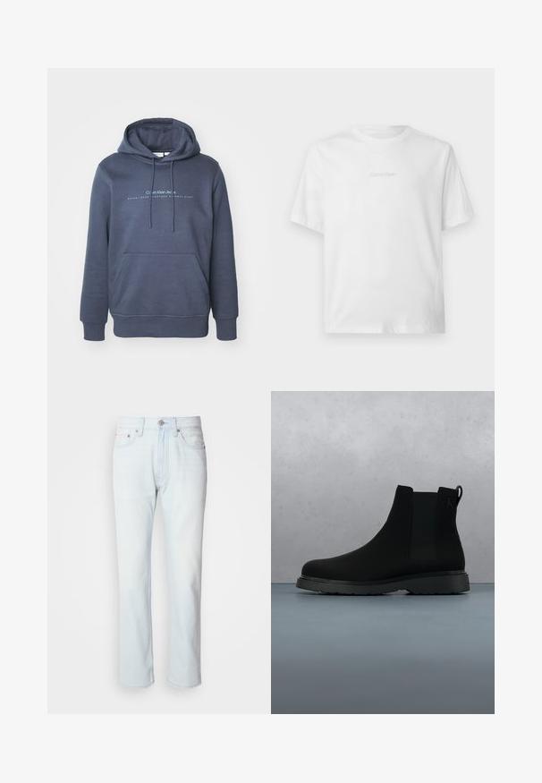 Námornícky modrý bavlnený mikina s prednou vreckom, kapucňou so šnúrkami a textovou grafikou "Calvin Klein Jeans" na hrudi. Hladká textúra.; Biele tričko s krátkym rukávom a okrúhlym výstrihom s jemným reliéfom loga Calvin Klein uprostred na hrudi.; Svetlomodré riflové nohavice so strihom rovného nohavice. Majú gombíkový uzáver a pútka na opasok, pričom preukazujú vyblednutú štruktúru a minimálne šitie.; Čierne členkové topánky vyrobené z hladkého materiálu s jemným prešívaním, gumovou podrážkou a elegantným dizajnom, umiestnené na povrchu s drevenou textúrou.