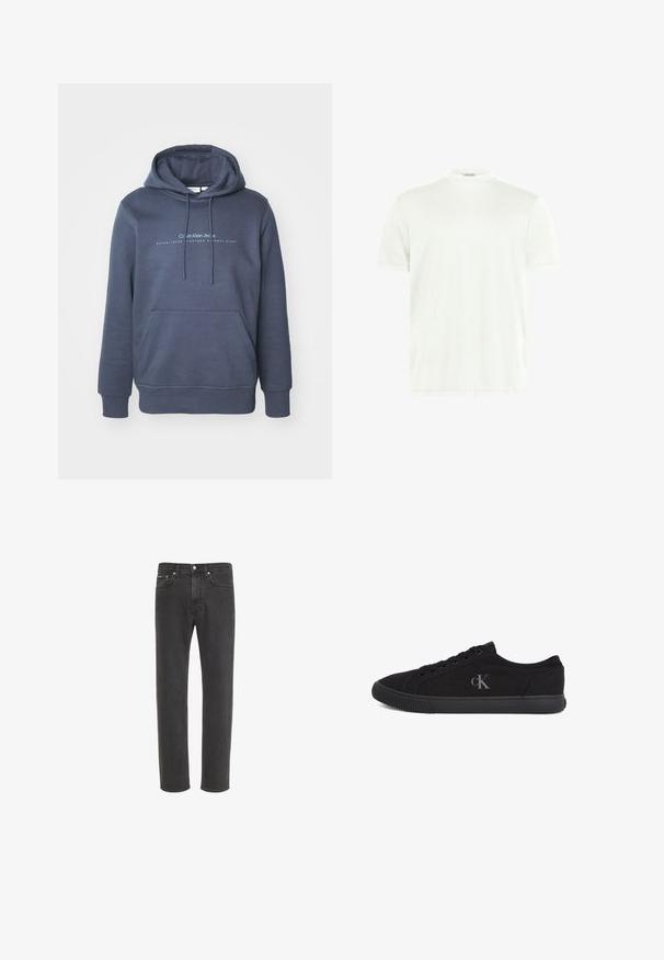 Dunkelblaue Baumwollkapuzenjacke mit einer vorderen Tasche, Kordelzugkapuze und "Calvin Klein Jeans" Schriftzug auf der Brust. Glatte Textur.; Weißes T-Shirt mit Rundhalsausschnitt aus weichem Stoff. Kurze Ärmel, keine Muster. Schlichtes Design mit geradem Saum und minimalen Details.; Schwarze Straight-Leg-Jeans aus Denim mit Knopf- und Reißverschluss vorne, Vorder- und Gesäßtaschen, auf weißem Hintergrund dargestellt.; Schwarzer Sneaker mit niedrigem Schaft, Schnürung vorne, Gummisohle und grauem "cK"-Logo an der Außenseite, von der Außenseite betrachtet.