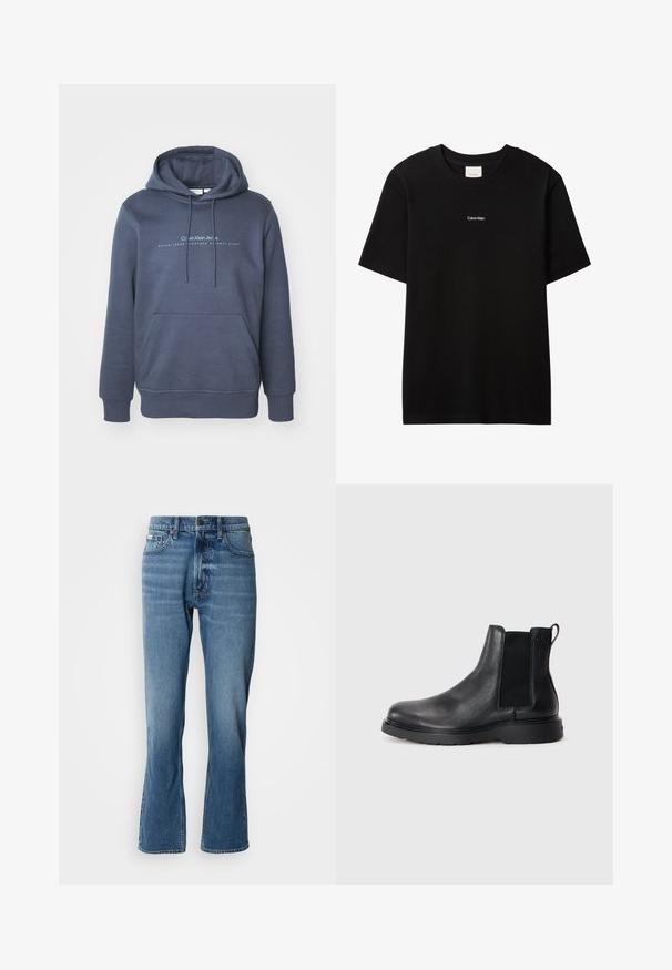Tume sinine puuvillane dressipluus, millel on eesmine tasku, nööriga kapuuts ja "Calvin Klein Jeans" tekstigraafika rinnal. Sile tekstuur.; Must puuvillane t-särk ümarselguse ja lühikeste varrukatega. Esiküljel väike valge "Calvin Klein" logo. Sile, klassikalise lõikega.; Heledad sinised teksad sirge lõike ja kerge laienemisega. Omab viit taskut, nööpkinnitust ja peeneid kulumisjälgi.; Mustad mustad Chelsea saapad, millel on tekstuuriga viimistlus, elastsed külgtaskud ja vastupidav kummist tald. Discreetne bränding kontsapuntšel.