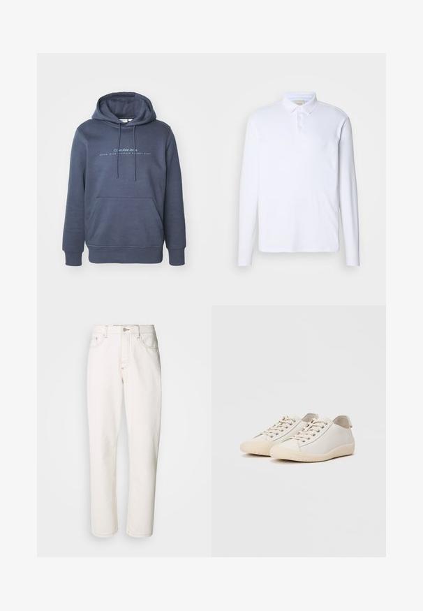 Dunkelblaue Baumwollkapuzenjacke mit einer vorderen Tasche, Kordelzugkapuze und "Calvin Klein Jeans" Schriftzug auf der Brust. Glatte Textur.; Langärmliges weißes Polohemd aus weichem Stoff, mit klassischem Kragen, Drei-Knopf-Leiste und dezentem Logo auf der Brust.; Weiße Jeans aus Denim mit geradem Bein, ausgestattet mit gestickten Nähten, einem metallischen Knopfverschluss und einer klassischen fünf-Pocket-Konstruktion.; Weiße Sneaker aus glattem Leder mit tonalem Nähten, Schnürverschluss, runder Zehenpartie und einer strukturierten Gummisohle.