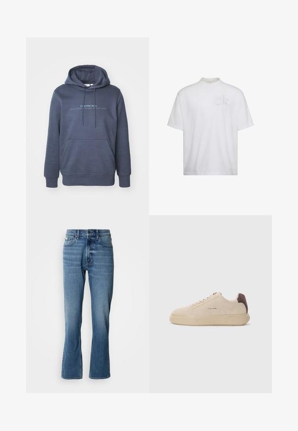 Dunkelblaue Baumwollkapuzenjacke mit einer vorderen Tasche, Kordelzugkapuze und "Calvin Klein Jeans" Schriftzug auf der Brust. Glatte Textur.; Weißes T-Shirt mit kurzen Ärmeln und Stehkragen, mit dezent erhabenem "ck"-Logo auf der linken Brustseite.; Hellblaue Denim-Jeans mit geradem Schnitt und leicht ausgestelltem Bein. Verfügt über fünf Taschen, einen Knopfverschluss und dezente Waschungseffekte.; Beige Wildleder-Sneaker mit runder Spitze, Schnürung vorne und einem braunen Wildlederakzent an der Ferse. Verfügt über eine strukturierte Gummisohle.