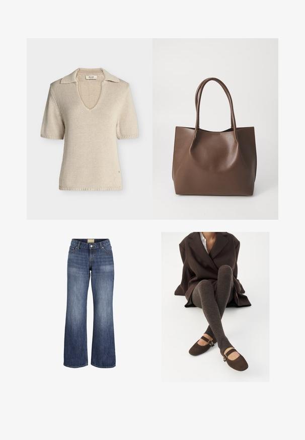 Haut en maille beige à manches courtes avec col en V et col ouvert, tissu texturé, petite étiquette de marque à l'intérieur de l'encolure.; Jean en denim bleu à jambes larges avec poches avant, passants de ceinture, fermeture à bouton et détails de lavage délavé.; Des chaussettes marron côtelées jusqu'aux genoux associées à des ballerines en daim marron de type Mary Jane avec une sangle décorative et une boucle, portées avec un manteau sombre.; Sac en cuir marron avec deux longues poignées, forme structurée, texture lisse et design minimaliste. Aucun matériel ni accent visible.