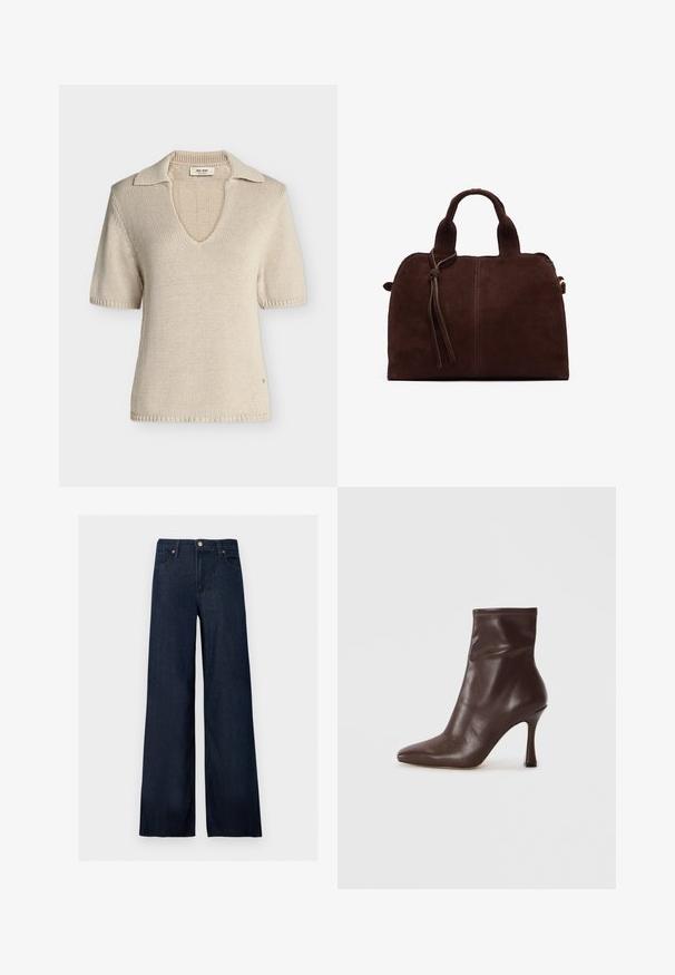 Haut en maille beige à manches courtes avec col en V et col ouvert, tissu texturé, petite étiquette de marque à l'intérieur de l'encolure.; Jean denim bleu foncé à jambes larges avec bouton à l'avant, passants pour ceinture et style cinq poches sur fond uni.; Bottine en cuir marron avec un bout pointu et un talon stiletto fin. Présente une texture lisse et des détails cousus autour de l'ouverture.; Sac à main en daim marron avec deux poignées supérieures, un détail de nœud à l'avant et une couture contrastante. Texture douce et forme structurée.