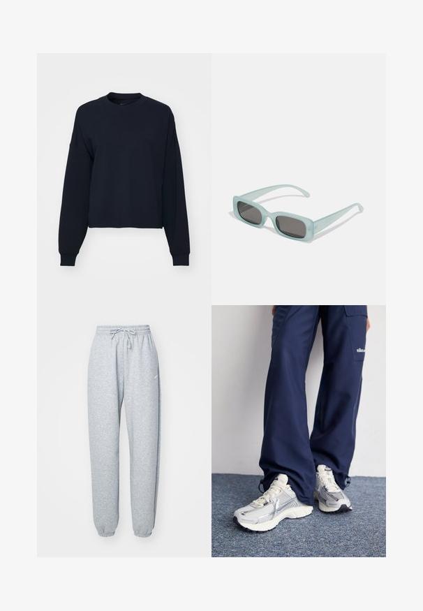 Mørkeblå sweatshirt med lange ærmer, rund hals og cropped pasform. Lavet af blødt stof med ribbede manchetter og kant.; Lysgrå sweatpants lavet af blød bomuldsblanding, med elastisk talje og snoretræk, tapered ben og ribbede manchetter. Minimal brandingdetalje.; Nike sportssko med en sølvfarvet mesh-overdel, hvide detaljer og strukturerede såler, parret med løstsiddende navy bukser.; Et par rektangulære solbriller med lyseblå gennemsigtige stel og mørkegrå linser, der har lige templer og minimale hardware detaljer.