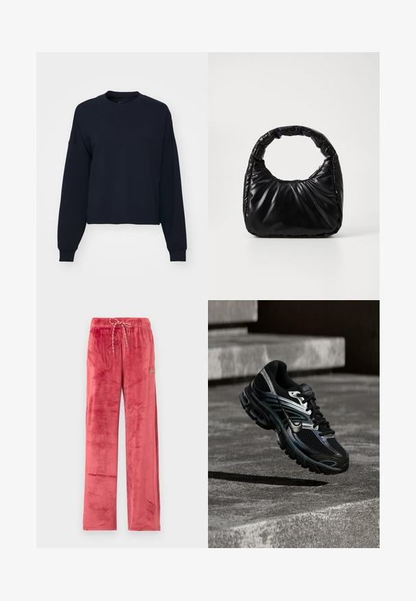 Mørkeblå sweatshirt med lange ærmer, rund hals og cropped pasform. Lavet af blødt stof med ribbede manchetter og kant.; Røde velourbukser med vide ben og snøre i taljen samt lille Nike Swoosh-logo på venstre lår, vist mod en ensfarvet baggrund.; Sort og sølv Nike løbesko svævende over betontrappe, viser detaljeret design og tekstureret sål i udendørs omgivelser.; Sort polstret håndtaske med et rundt håndtag, der har en glat, skinnende overflade og en blød, kviltet tekstur. Ingen synlige hardware eller accenter.