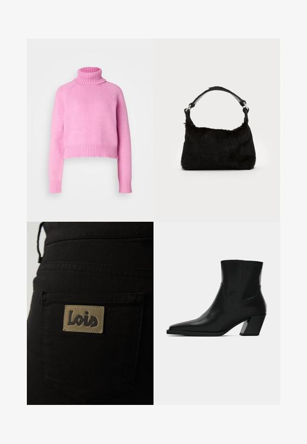 Vero Moda Tall VMMIRANDA - Pullover - fuchsia pink; Pantalons en tissu noir dotés d'une poche arrière avec une étiquette beige embossée du mot "Lois" en lettres foncées. Détails de couture visibles.; Bottine en cuir noir avec un bout pointu, une silhouette élégante et un talon carré massif. Texture lisse avec des détails de couture minimalistes.; Sac à main en fausse fourrure noire avec une texture douce, une forme arrondie et une bandoulière en cuir noir robuste. Accent en métal argenté visible.