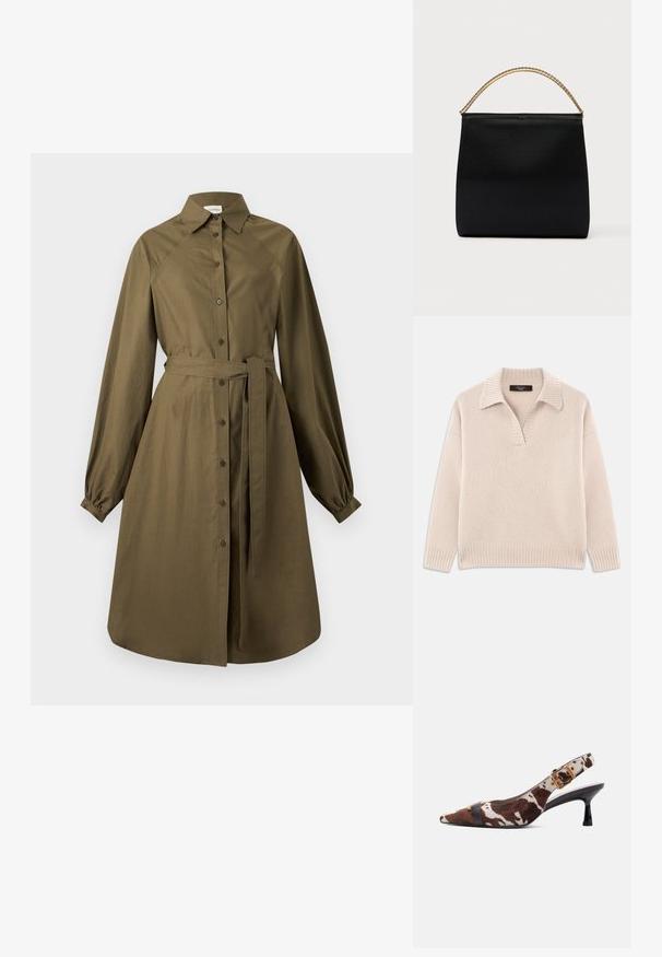Beige strikket sweater med V-udskæring og ribbet krave. Har lange ærmer og ribbet kant. Blød tekstur.; Langærmet olivengrøn kjole med knaplukning, krave og stofbælte bundet i taljen, let udvidet skørter.; Slingback kitten heel-sko med brun og hvid ko-print, spids tå, sort rem foran og gulddetalje med spænde på ankelrem.; Sort taske lavet af glat stof, med en struktureret form, et håndtag med guld kæde og et minimalistisk geometrisk design.