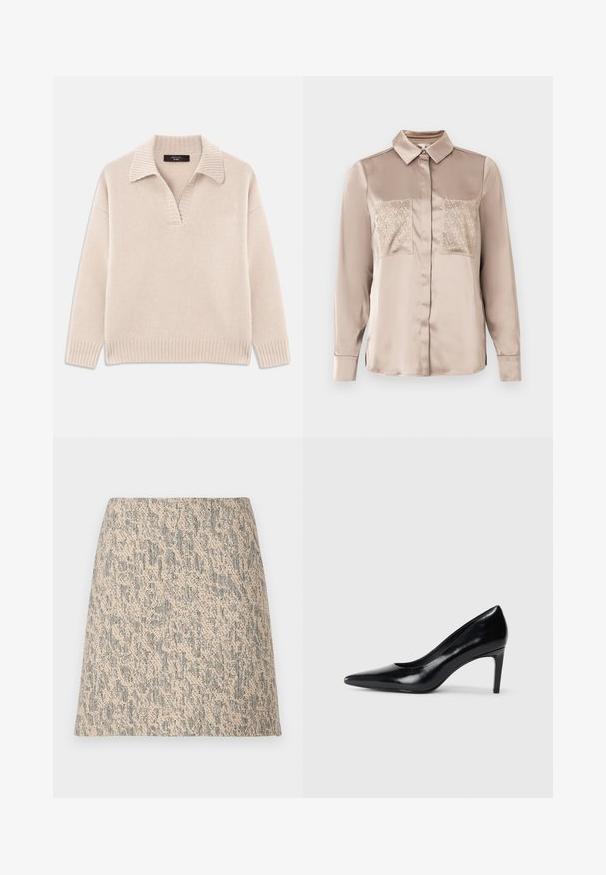 Beige strikket sweater med V-udskæring og ribbet krave. Har lange ærmer og ribbet kant. Blød tekstur.; Langærmet beige satinbluse med spidse krave, skjulte knapper og to forlommer med et diskret diamantmønster.; Mini nederdel i beige og gråt vævet stof med tekstur, A-formet og med et subtilt uregelmæssigt mønster.; Sort læder højhælede sko med spids tå, glat tekstur og en taperet hæl. Minimalistisk design uden yderligere udsmykninger.