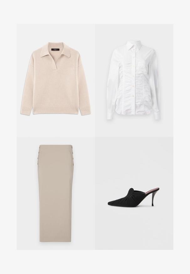 Beige strikket sweater med V-udskæring og ribbet krave. Har lange ærmer og ribbet kant. Blød tekstur.; Hvid skjorte med lange ærmer, der har en rynket tekstur på fronten, små gyldne knapper og en klassisk krave.; Beige blyantskørt lavet af glat stof, med knapper i siden, en strømlinet silhuet og uden synlige lommer eller mønstre.; Sort højhælet mule med spids tå, blødt stof med rynket tekstur foran og en slank stiletthæl.