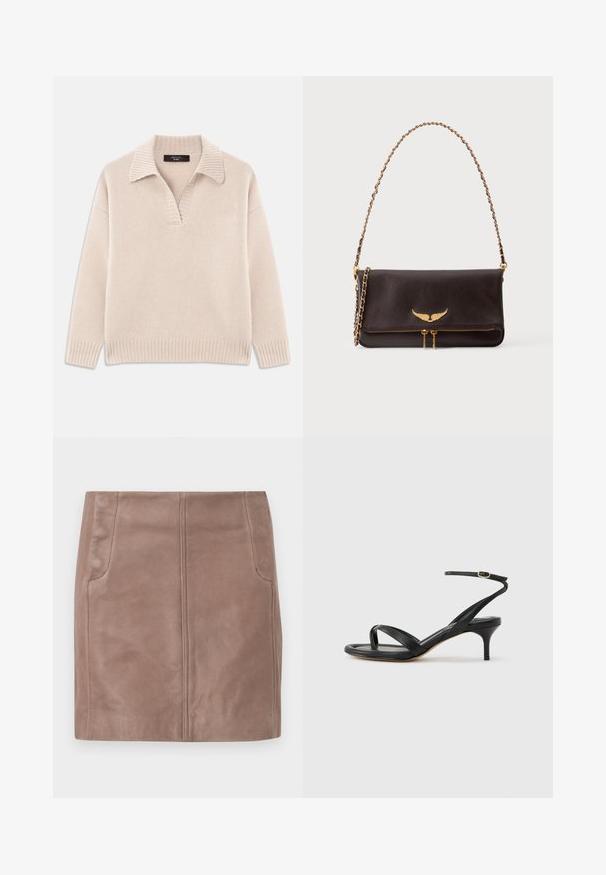 Pull en beige tricoté avec un col en V et un col côtelé. Il possède des manches longues et un ourlet côtelé. Texture douce.; Mini-jupe courte en cuir marron avec détails de couture avant et poches latérales, posée à plat sur un fond blanc.; Sandale pour femme en cuir noir avec fines lanières, une boucle d'orteil, une boucle à la cheville et un talon aiguille de hauteur moyenne sur un fond neutre.; Sac à bandoulière en cuir marron foncé avec anse chaîne dorée, emblème ailé doré sur le rabat, et double fermeture éclair dorée en bas à l’avant.