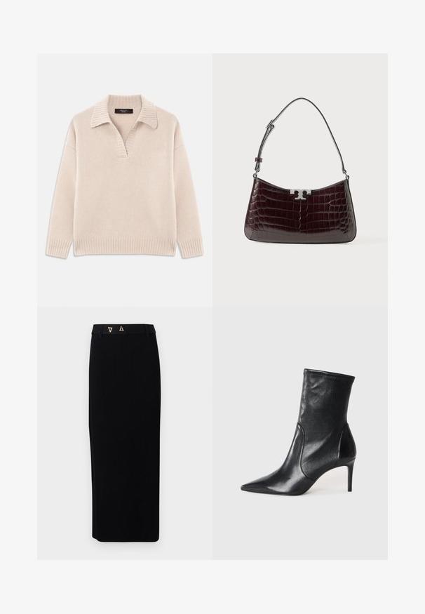 Beige strikket sweater med V-udskæring og ribbet krave. Har lange ærmer og ribbet kant. Blød tekstur.; AERON FORUM - Pencil skirt - black; Sorte ankelstøvler lavet af glat læder, med spids tå, tætsiddende skaft og en slank høj hæl. Minimalistisk design uden synligt hardware.; Mørkebrun krokodillepræget læder skuldertaske med sølvlogo-lås og justerbar skulderrem på hvid baggrund.