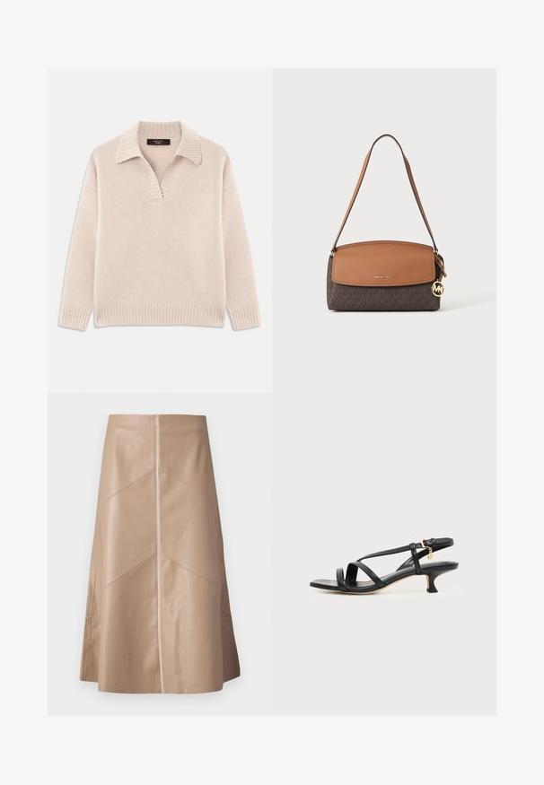 Beige strikket sweater med V-udskæring og ribbet krave. Har lange ærmer og ribbet kant. Blød tekstur.; Beige faux læder A-line nederdel med diskrete paneldetaljer og en glat mat overflade, knælang og højliv.; Sort læder sandal med lav, tynd hæl, ankelspænde og lille guldkæde mod en lys, ensartet baggrund.; Brun Michael Kors skuldertaske med logo-charm, lysebrun flap og monogrammønster på den nederste halvdel, vist på en hvid baggrund.