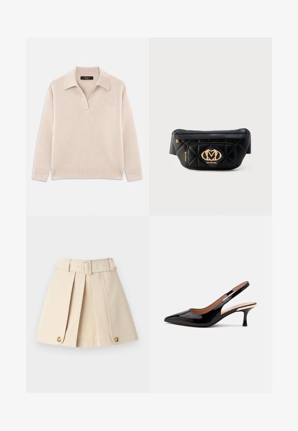 Pull en beige tricoté avec un col en V et un col côtelé. Il possède des manches longues et un ourlet côtelé. Texture douce.; Jupe plissée beige avec une taille ajustée, de larges passants de ceinture et des accents de boutons au bas. Fabriquée en tissu léger et lisse.; Escarpin slingback en cuir verni noir avec bout pointu et petit talon kitten sur fond blanc uni.; Sac banane en cuir matelassé noir avec plaque logo Love Moschino dorée et poche zippée à l'avant sur fond blanc.