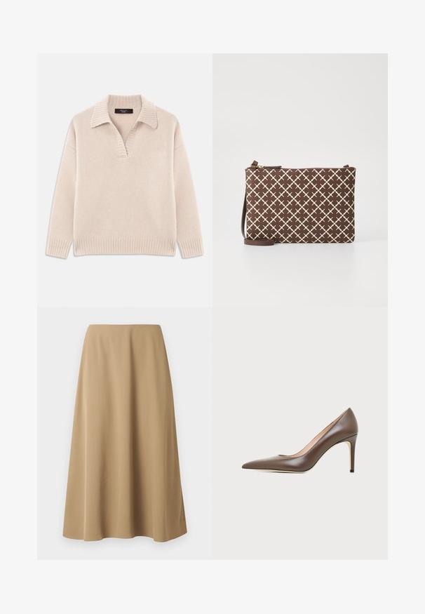 Beige strikket sweater med V-udskæring og ribbet krave. Har lange ærmer og ribbet kant. Blød tekstur.; Beige A-formet midi-nederdel med glat stof og subtil syning, designet til en ren, strømlinet pasform.; Brun læder peptået højhælet sko med en slank stilethæl og glat finish på en lys baggrund.; Brun mønstrede clutch-bag med et geometrisk design i lys beige, med lynlås-lukning og en justerbar brun rem.