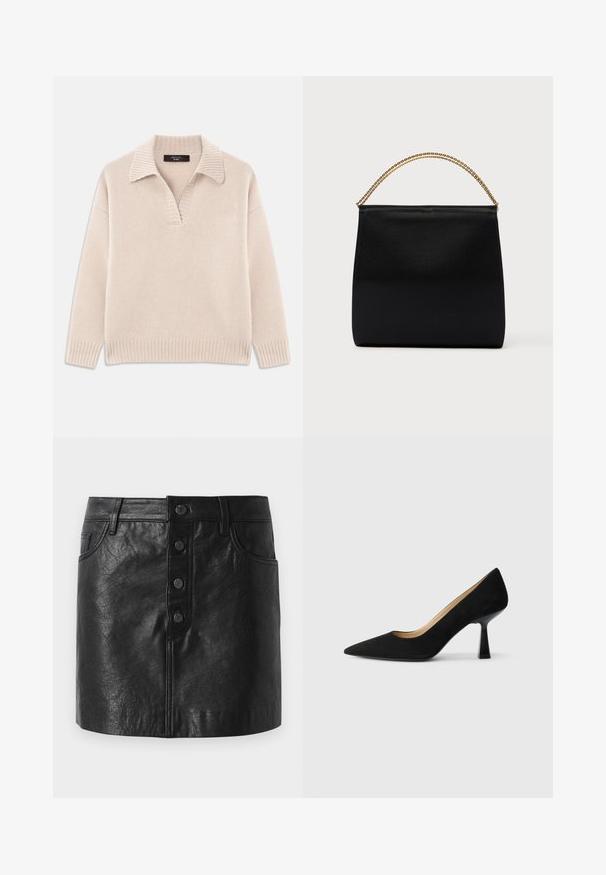 Pull en beige tricoté avec un col en V et un col côtelé. Il possède des manches longues et un ourlet côtelé. Texture douce.; Jupe en cuir noir avec une taille haute, fermeture à bouton sur le devant, deux poches latérales et une forme légèrement évasée. Fini texturé.; Pompe à talons hauts en suède noir avec un bout pointu, dotée d'un talon bloc noir brillant et d'une doublure intérieure lisse.; Sac noir en tissu lisse, présentant une forme structurée, une poignée en chaîne dorée et un design géométrique minimaliste.