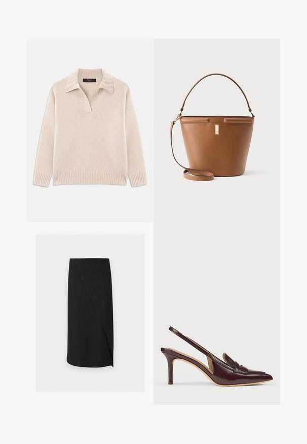 Beige strikket sweater med V-udskæring og ribbet krave. Har lange ærmer og ribbet kant. Blød tekstur.; Sort knælang pencilskørt med asymmetrisk overlap foran på en hvid baggrund.; Slingback hæl i mørk bordeaux patentlæder, spids tå, 7 cm stiletto hæl, med en dekorativ vamprem over fronten.; Brun læder bucket-taske med en glat tekstur, et kort håndtag og en aftagelig skulderrem. Har en accent i guldfarvet metal.