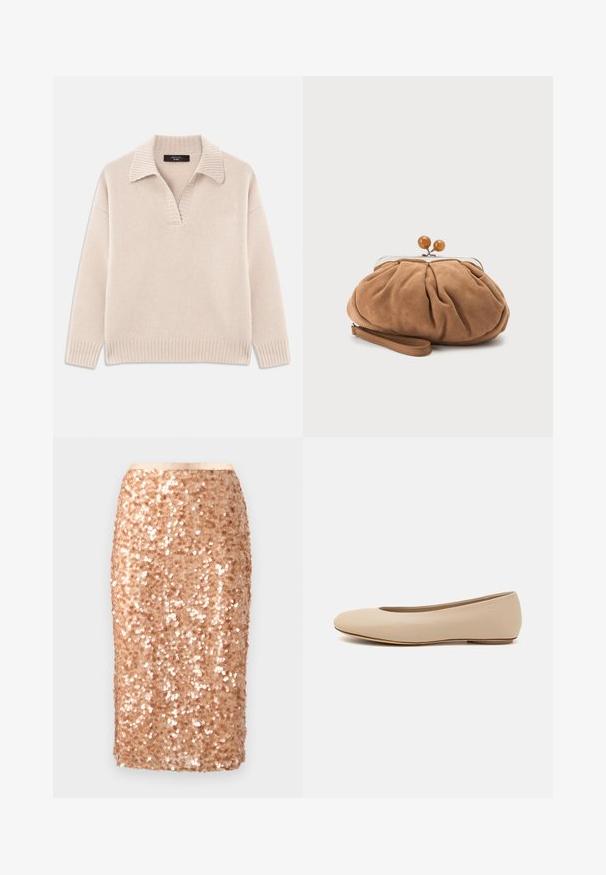 Beige strikket sweater med V-udskæring og ribbet krave. Har lange ærmer og ribbet kant. Blød tekstur.; Lyserødt guldblyantskørt med pailletter, knælængde. Har tæt pakkede, skinnende pailletter på en glat stofbase. Kanter er rene med en tætsiddende silhuet.; Beige læder balletflade med afrundet tå, minimal sømdetaljering, lav hæl og subtilt logo på bagsiden. Glat, mat tekstur.; Blød brun ruskindsklæde pung med metalramme, rund lukning og fastgjort håndledsrem på en ensfarvet lys baggrund.