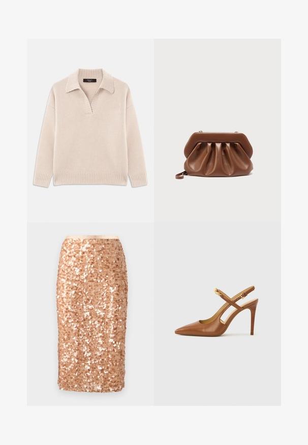 Beige strikket sweater med V-udskæring og ribbet krave. Har lange ærmer og ribbet kant. Blød tekstur.; Lyserødt guldblyantskørt med pailletter, knælængde. Har tæt pakkede, skinnende pailletter på en glat stofbase. Kanter er rene med en tætsiddende silhuet.; Brun læderslingback med høj hæl og spids tå, med krydsede remme og en tekstureret træhæl. Guldaccent på remmen.; Brun læderclutch med samlet design og struktureret topramme, der har en lille håndledsrem og detalje i guldfarvet lukning.