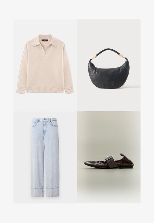 Beige strikket sweater med V-udskæring og ribbet krave. Har lange ærmer og ribbet kant. Blød tekstur.; Lysblå denim bredbenede bukser med høj talje. Har en knap- og lynlåslukning, forlommer og en rå kantdetalje.; Mørkebrun læderflat sko med stor sølvspænde og sammenrynkede elastikdetaljer, vist fra siden mod en neutral baggrund.; Sort halvmånehåndtaske med fletdet hank, guldfarvet hardware og præget "Love Moschino" logo foran.