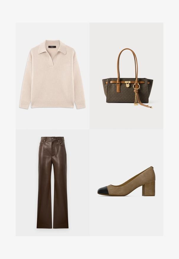 Beige strikket sweater med V-udskæring og ribbet krave. Har lange ærmer og ribbet kant. Blød tekstur.; Brune læderflarede bukser med en glat tekstur, fem-lomme design, lynlås foran og metalknaplukning, der har en høj talje.; Beige ruskindhæl med en sort tåhætter, der har en chunky blokhæl og glat tekstur. Simpelt design med en rund tåform.; Brun mønstrede tote bag med lysebrune læderdetaljer, dobbelte håndtag, guldfarvet hardware og en dekorativ kvast med to små charms.