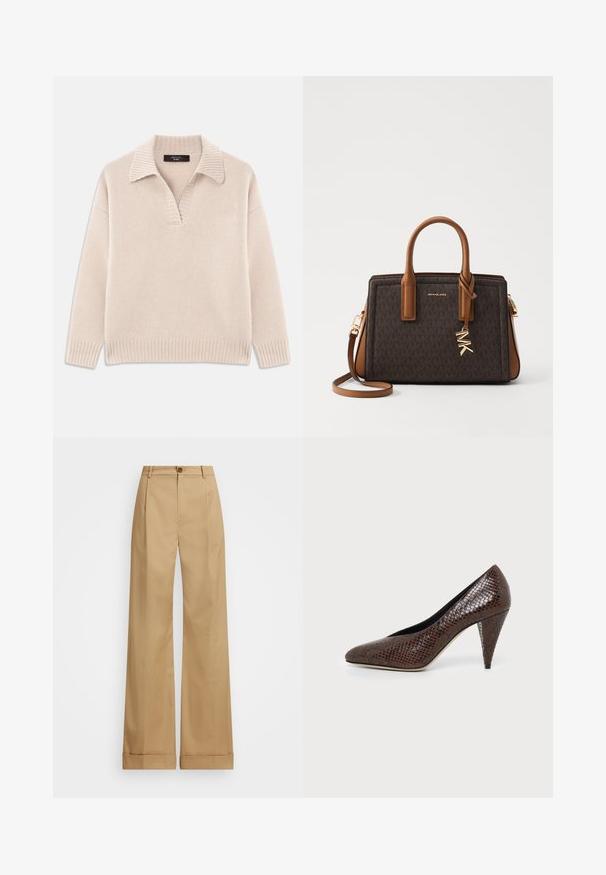 Beige strikket sweater med V-udskæring og ribbet krave. Har lange ærmer og ribbet kant. Blød tekstur.; Beige bredde benbukser med knaplukning, der har en glat tekstur og pressede folder. Krummede nederkanter for ekstra detaljer.; Brun højhælet sko med spids tå og tekstureret slangeskindsmønster, vist fra siden på en ensartet lys baggrund.; MICHAEL Michael Kors LAILA SM SATCHEL - Håndtasker - brown