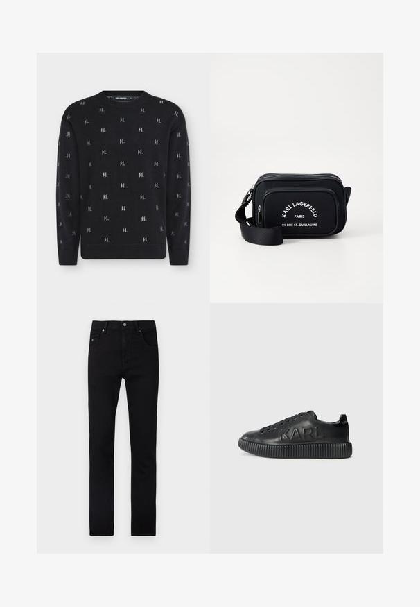 Pull en maille noir avec petits motifs répétitifs du logo « KL » gris clair, poignets, ourlet et encolure ronde côtelés.; Jean en denim noir avec une coupe slim. Il dispose de cinq poches, d'une fermeture à boutons et d'une texture lisse. Aucun motif ou accent visible.; Baskets noires en cuir lisse, dotées d'une semelle crantée épaisse et d'un nom de marque embossé. Design classique à lacets avec œillets ronds.; Sac bandoulière en nylon noir avec texte et logo blancs, doté d'un compartiment zippé et d'une sangle ajustable. Forme rectangulaire avec texture lisse.