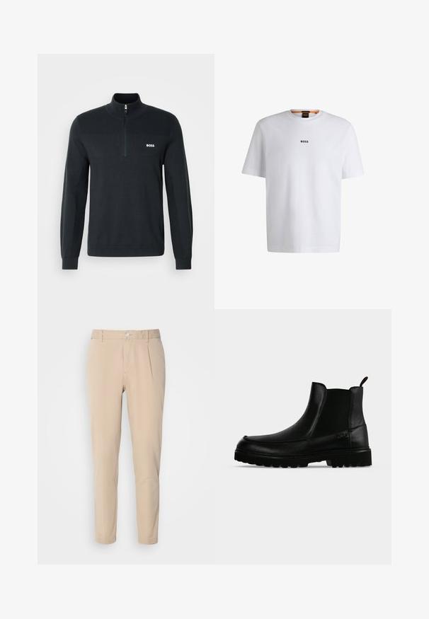 Zwarte sweatvest met rits, gemaakt van zachte stof, met een ribbeltextuur op het bovenste gedeelte en een klein wit logo op de borst.; Witte katoenen T-shirt met korte mouwen, voorzien van een zwart "BOSS"-logo in het midden van de borst en een ronde halsontwerp.; Beige broek met een slim fit, gemaakt van geweven materiaal. Voorzien van een enkele knoopsluiting, geplooide voorkant en rechte pijpen.; Zwarte leren enkellaars met een gestructureerde zool, elastische zijpanelen en een trekriempje op een lichtgrijze achtergrond.