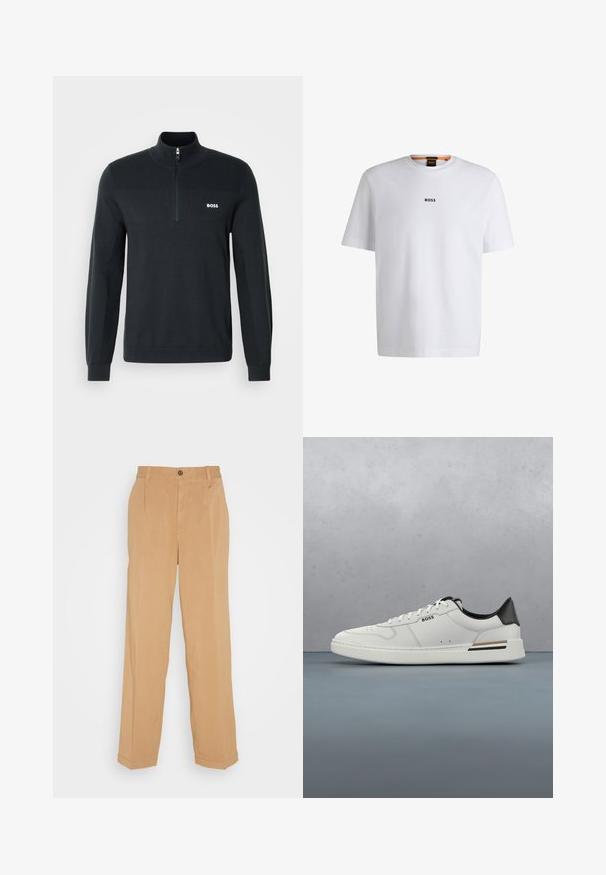 Sudadera negra con cremallera en el cuello, hecha de una tela suave, con una textura acanalada en la parte superior y un pequeño logo blanco en el pecho.; Camiseta de algodón blanca de manga corta, con un logotipo negro "BOSS" centrado en el pecho y un diseño de cuello redondo.; Pantalones de pierna ancha en beige, fabricados con tejido suave, que cuentan con dos bolsillos frontales, un cierre de botón y detalles de pliegues a lo largo de las piernas.; Zapatilla baja blanca con talón negro, cierre con cordones, perforaciones sutiles y el logo "BOSS" en el costado, mostrada desde el perfil exterior.
