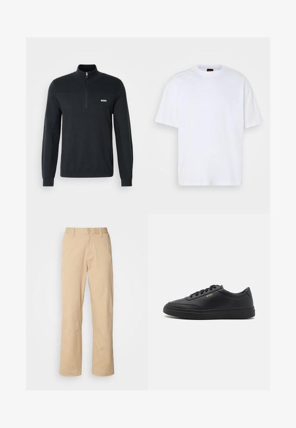 Zwarte sweatvest met rits, gemaakt van zachte stof, met een ribbeltextuur op het bovenste gedeelte en een klein wit logo op de borst.; Witte katoenen T-shirt met ronde hals, korte mouwen en een ontspannen pasvorm. Heeft textuur op de schoudernaden voor extra detail.; HUGO ZAYN - Broek - medium beige; Zwarte leren sneakers met een gladde textuur, ronde neus, platte rubberen zool en tonale veters. Kenmerkt zich door de gouden "BOSS" branding aan de zijkant.