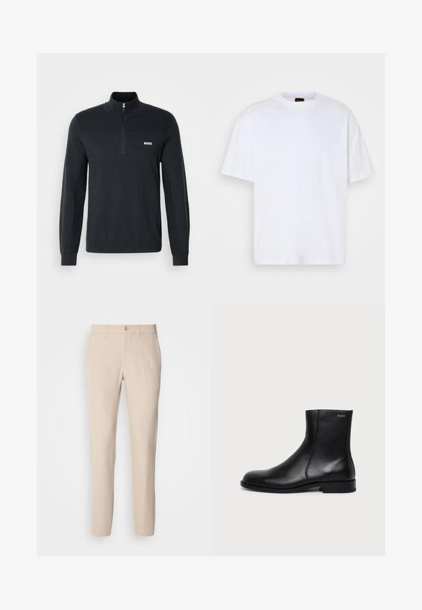 Sweat-shirt noir à col zippé, fabriqué en tissu doux, avec une texture côtelée sur la partie supérieure et un petit logo blanc sur la poitrine.; T-shirt en coton blanc avec un col rond, des manches courtes et une coupe décontractée. Les coutures épaules texturées ajoutent un détail supplémentaire.; Pantalons beige en tissu doux, dotés d'une fermeture à bouton, d'une coupe droite et de poches latérales. Texture lisse avec des détails de couture minimaux.; Bottine en cuir noir à talon bas, couture latérale et petit logo "HUGO" sur le revers supérieur sur un fond uni.