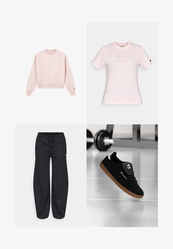 Sweatshirt rose clair avec un col et des poignets côtelés, doté d'une coupe légèrement raccourcie et d'un petit logo sur la poitrine. Les tissus semblent lisses.; T-shirt en coton rose clair avec le texte "Champion" brodé sur le devant et un petit logo sur la manche gauche ; manches courtes et encolure ronde.; Pantalon de survêtement noir en mélange de coton, avec une taille élastique et un cordon de serrage, jambes larges et poches latérales. Petit détail de logo inclus.; Baskets Champion noires et marron suspendues en l'air dans une salle de sport avec un haltère flou en arrière-plan.