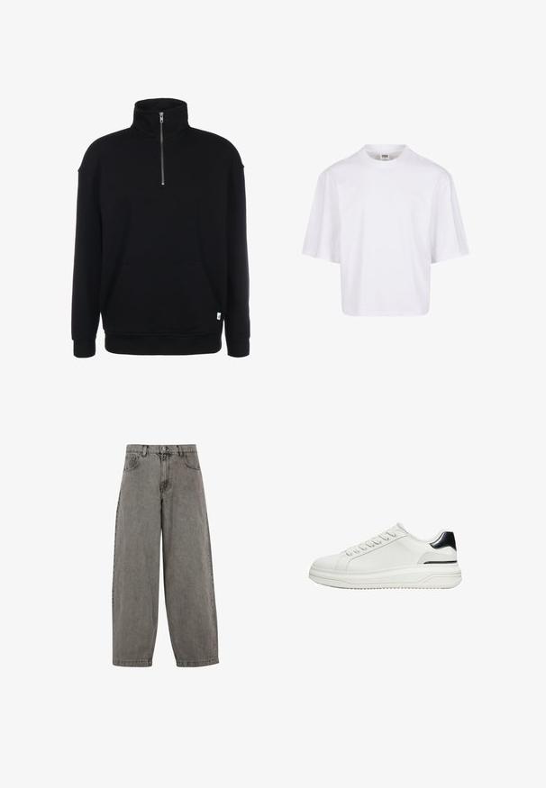 Zwarte sweatshirt met rits en lange mouwen, zachte textuur, een voorzak en een klein groen logo aan de onderrand.; Witte, kortekorte t-shirt met een ronde hals en een ontspannen pasvorm, gemaakt van een zachte katoenmix. Geen patronen of versieringen.; Grijze denimbroek met een hoge taille, wijd gesneden pijpen, klassiek vijf-pocket ontwerp en een knoopsluiting aan de voorkant. Licht gestructureerde afwerking.; Witte lage sneaker met veters aan de voorkant en zwarte hieldetail op een dikke zool, gezien van de zijkant op een witte achtergrond.