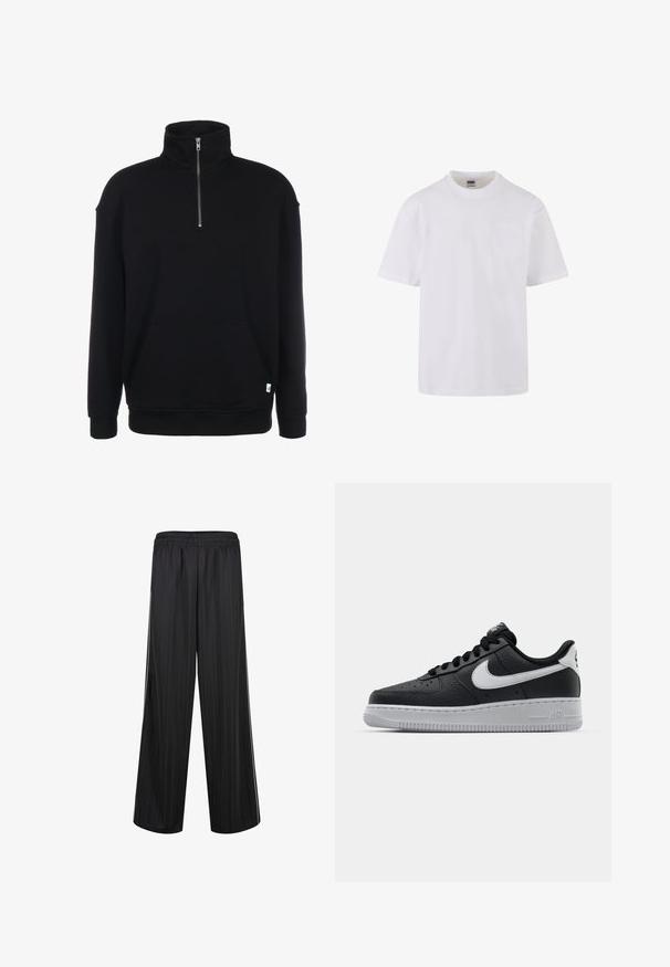 Sweatshirt noir à col zippé avec manches longues, texture douce, poche avant et petit logo vert à l'ourlet.; T-shirt blanc à manches courtes en coton, avec un col rond et une poche simple du côté gauche de la poitrine.; Pantalon noir à jambes larges avec taille élastique et fines rayures verticales, conçu pour un usage décontracté ou sportif.; Baskets en cuir noir avec surface texturée, swoosh Nike blanc, semelle grise, bout rond et design à lacets. Comprend des perforations sur la boîte à orteils.
