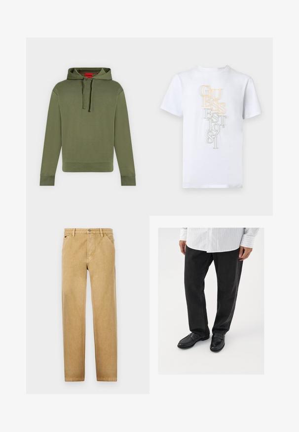 Sweat à capuche vert olive avec cordons, manches longues, poignets et ourlet côtelés, et une étiquette rouge visible à l'intérieur du col avec la marque "HUGO".; T-shirt blanc à manches courtes avec texte vertical superposé "GUESS EST. 1981" en jaune et gris au centre devant.; Chinos beiges avec une coupe droite, fabriqués dans un tissu doux. Présentent des poches avant, une fermeture à bouton et des détails de couture subtils.; Pantalons en denim noir associés à des mocassins noirs brillants. La chemise est blanche avec de fines rayures verticales, avec des manches longues et un col boutonné.