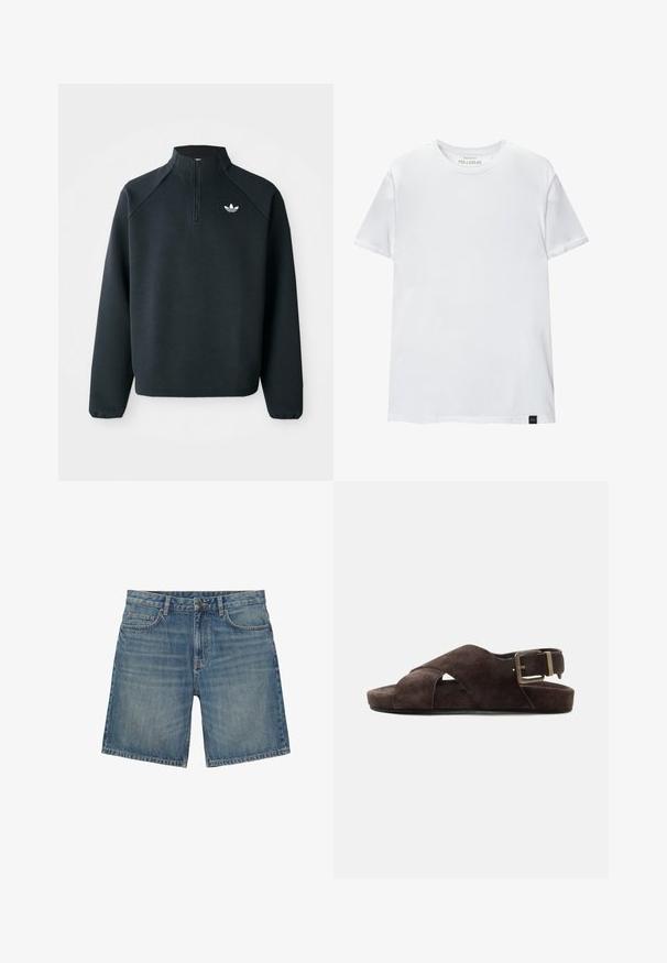 Schwarzer Quarter-Zip-Sweatshirt aus weichem Material, mit Raglanärmeln und einem weißen Logo auf der Brust. Die Bündchen sind elastisch.; Weißes Muskel-fitt T-Shirt aus Baumwolle. Rundhals, kurze Ärmel, glatte Textur. Kleines schwarzes Logo-Tag am Saum. Schlichtes Design.; Jeansshorts mit Vordertaschen, Gürtelschlaufen, Knopfverschluss und ausgewaschener mittelblauer Waschung.; Braune Wildleder-Sandale mit gekreuzten Riemen, verstellbarer Metallschnalle und flacher Sohle vor einfarbig hellem Hintergrund.