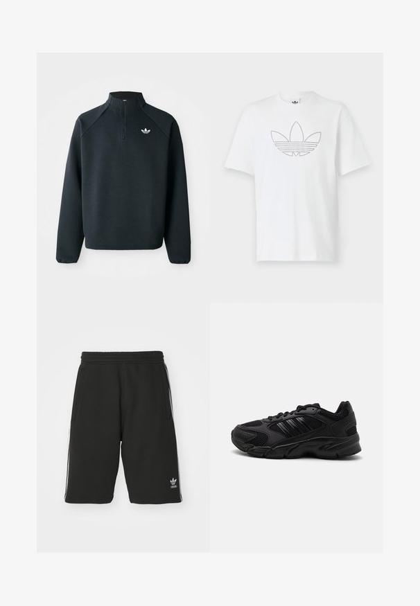 Sort quarter-zip sweatshirt lavet af blødt stof, med raglanærmer og hvidt logo på brystet. Manchetterne er elastiske.; Hvid bomulds-T-shirt med en prikket sort kontur af et trefoil-logo på fronten. Korte ærmer og rund halsudskæring.; Sort shorts lavet af bomuldsblandet materiale med elastisk talje, med hvide sidelister og et lille logo nederst til venstre.; Sorte træningssko med en kombination af åndbart mesh og syntetiske materialer. Distinct tekstureret sål og tre sorte striber på siden.