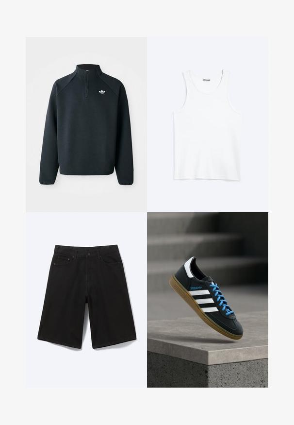 Zwarte kwart-zip sweatshirt gemaakt van zachte stof, met raglanmouwen en een wit logo op de borst. De manchet is elastisch.; Wit mouwloos hemdje met ronde hals en Weekday-merklabel aan de binnenkant van de achterkraag, plat weergegeven op een lichte achtergrond.; Zwarte denim short tot op de knie met voorste knoop, riemlussen en vijf zakken, afgebeeld tegen een witte achtergrond.; Zwarte Adidas-sneaker met witte strepen, blauwe veters en een gumzool die boven een grijze betonnen trede zweeft in zacht licht.