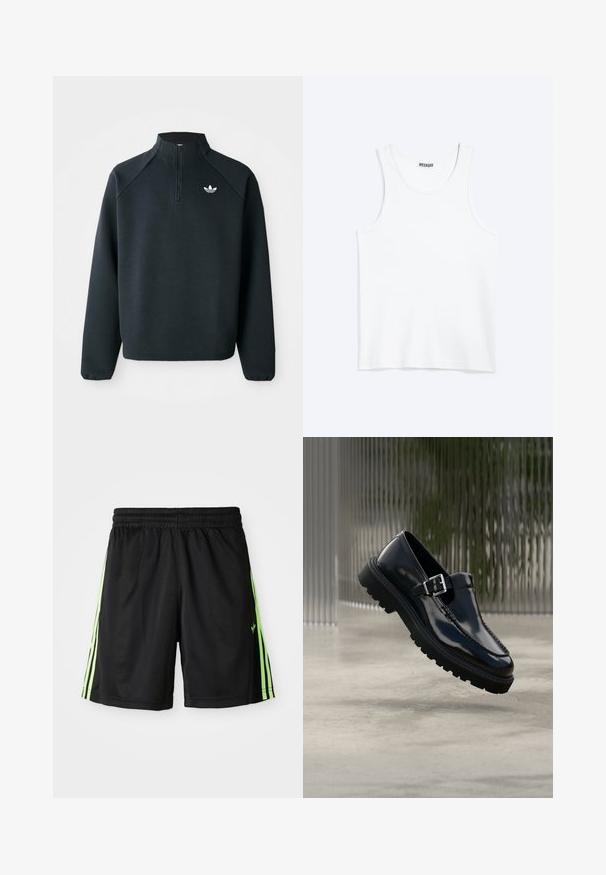 Zwarte kwart-zip sweatshirt gemaakt van zachte stof, met raglanmouwen en een wit logo op de borst. De manchet is elastisch.; Wit mouwloos hemdje met ronde hals en Weekday-merklabel aan de binnenkant van de achterkraag, plat weergegeven op een lichte achtergrond.; Zwarte sportieve shorts met een elastische tailleband, voorzien van twee verticale neon groene strepen aan elke kant en een klein logo op de linker voorkant.; Zwarte gepolijste lederen schoen met een ronde neus, decoratieve stiksels en een gespsluiting op een dikke rubberen zool.