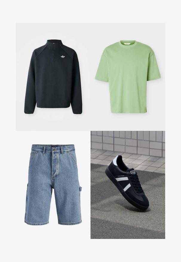 Schwarzer Quarter-Zip-Sweatshirt aus weichem Material, mit Raglanärmeln und einem weißen Logo auf der Brust. Die Bündchen sind elastisch.; Einfarbiges hellgrünes T-Shirt mit kurzen Ärmeln und Rundhalsausschnitt, regulärer Passform und weicher Stoffstruktur, dargestellt vor weißem Hintergrund.; Blaue Jeansshorts mit Front- und Seitentaschen, Gürtelschlaufen und Knopfverschluss auf einfarbigem Hintergrund.; Schwarze Leder-Sneaker mit weißen Streifen, strukturiertem Gummisohle und Schnürung. Verfügt über ein Markenetikett auf der Zunge.