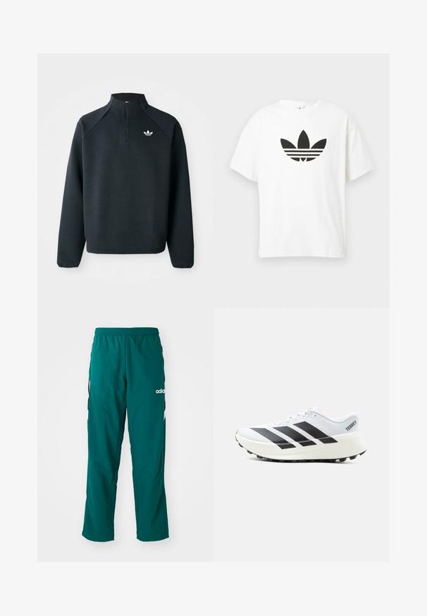 Sudadera negra con cremallera en el cuello hecha de tela suave, con mangas raglán y logo blanco en el pecho. Los puños son elásticos.; Camiseta de algodón blanca con un gran logo de trébol negro de Adidas y tres franjas horizontales debajo. Manga corta, cuello redondo.; Pantalones deportivos verdes hechos de tela ligera, con una cinturilla elástica, bolsillos laterales y el logo blanco de Adidas en el lado izquierdo.; Zapatilla blanca de trail running con franjas negras de Adidas, suela texturizada y marca "TERREX" en el talón, mostrada de perfil sobre un fondo blanco.