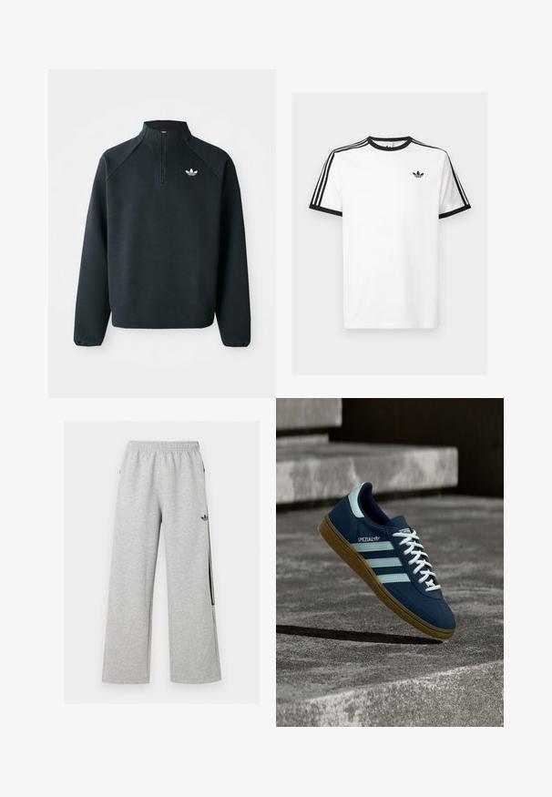 Schwarzer Quarter-Zip-Sweatshirt aus weichem Material, mit Raglanärmeln und einem weißen Logo auf der Brust. Die Bündchen sind elastisch.; Weißes Baumwoll-T-Shirt mit schwarzem Rippenkragen und Ärmeln, mit drei schwarzen Streifen auf jeder Schulter und einem kleinen Logo auf der Brust.; Hellgraue weite Sweatpants mit elastischem Bund und schwarzem Adidas Trefoil-Logo am rechten Oberschenkel.; Blauer Adidas Spezial Sneaker mit weißen Streifen und Schnürsenkeln, Gummisohle, schwebend über rauer Betonoberfläche und Treppen im Hintergrund.