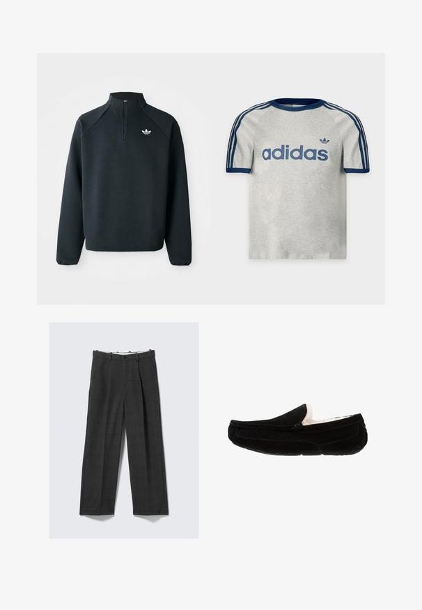 Must värvi neljandiku tõmblukuga jakke, mis on valmistatud pehmest kangast, raganlasleevidega ja valge logoga rinnal. Varrukate äärised on elastsed.; Helehall Adidas T-särk tumesinise krae, varrukakubede, kolme triibu õlgadel ning Adidas logo ja tekstiga ees.; Laiad, tumedat hallid püksid, millel on ruuduline muster, valmistatud tekstuurist kangast. Omab nööpklappi ja kahte külge taskut.; Mustad suede mokassiini suss, pehmea kreemjas vooder, tasane tald ja käsitsi õmmeldud detailid õmbluste ääres.