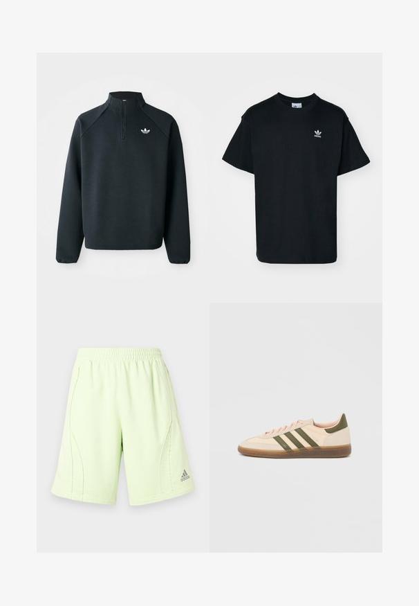 Sudadera negra con cremallera en el cuello hecha de tela suave, con mangas raglán y logo blanco en el pecho. Los puños son elásticos.; Camiseta de algodón negra con cuello redondo y mangas cortas, que presenta un pequeño logo blanco de Adidas en la zona izquierda del pecho.; Pantalones cortos deportivos verde claro con cintura elástica, costuras laterales y un logo bordado en la parte inferior de la pierna derecha. Textura suave y lisa.; Zapatilla Adidas Spezial beige de perfil bajo con rayas verdes, suela de goma y la marca "SPEZIAL" en el lateral, vista desde el lado exterior.