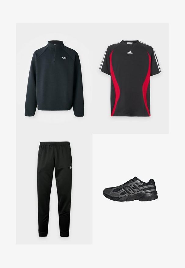 Zwarte kwart-zip sweatshirt gemaakt van zachte stof, met raglanmouwen en een wit logo op de borst. De manchet is elastisch.; Zwart T-shirt met korte mouwen, rode accenten aan de zijkanten, wit Adidas-logo op de borst en witte strepen op de schouders. Gemaakt van een gladde stof.; Zwarte sportbroek met een elastische tailleband, taps toelopende pijpen en witte logo-accenten aan de voorkant. Gladde, lichte stof.; Zwarte sportschoenen gemaakt van mesh en synthetische materialen, met een getextureerd oppervlak, meerdere grijze strepen en een gevoerde kraag.
