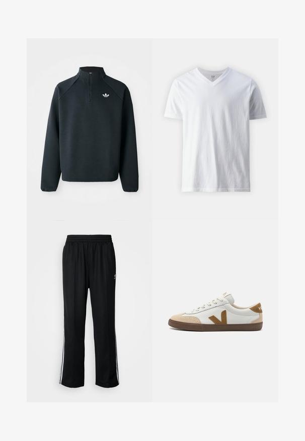 Schwarzer Quarter-Zip-Sweatshirt aus weichem Material, mit Raglanärmeln und einem weißen Logo auf der Brust. Die Bündchen sind elastisch.; Kurzärmliges, V-Ausschnitt T-Shirt aus Baumwolle in Weiß. Hat ein einfaches Design mit glatter Textur und lockerer Passform.; Schwarze Sporthosen mit elastischem Bund, ausgestattet mit weißen Seitenstreifen und einem kleinen Logo. Das Material wirkt weich und leicht.; Weißer Sneaker mit hellbraunen Wildlederelementen, ausgestattet mit einer strukturierten braunen Gummisohle, Schnürverschluss und einem Logo an der Ferse.