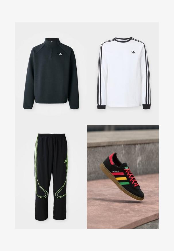 Sweat-shirt noir à zip quart en tissu doux, avec des manches raglan et un logo blanc sur la poitrine. Les poignets sont élastiques.; Chemise blanche Adidas à manches longues avec col rond noir, poignets noirs, trois bandes noires le long des manches et logo trèfle noir sur la poitrine.; Pantalons de sport noirs Adidas avec des lignes courbes vert fluo et trois bandes sur les côtés, ceinture élastique et logo Adidas sur la cuisse avant.; Baskets Adidas Spezial noires avec des rayures rouges, jaunes et vertes, des lacets rouges, une semelle gomme et un détail rouge au talon, flottant au-dessus du trottoir.