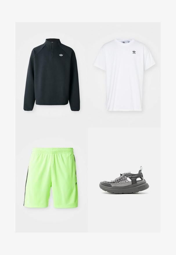 Sudadera negra con cremallera en el cuello hecha de tela suave, con mangas raglán y logo blanco en el pecho. Los puños son elásticos.; Camiseta blanca de algodón con mangas cortas, escote redondo y un logo negro de Adidas con tres franjas en la zona del lado izquierdo del pecho.; Bermudas deportivas de color verde neón con cinturilla elástica, con raya lateral negra y tejido ligero y transpirable.; Sandalia deportiva gris con parte superior tejida, suela gruesa acolchada, anilla en el talón y cordones ajustables para uso al aire libre y casual.